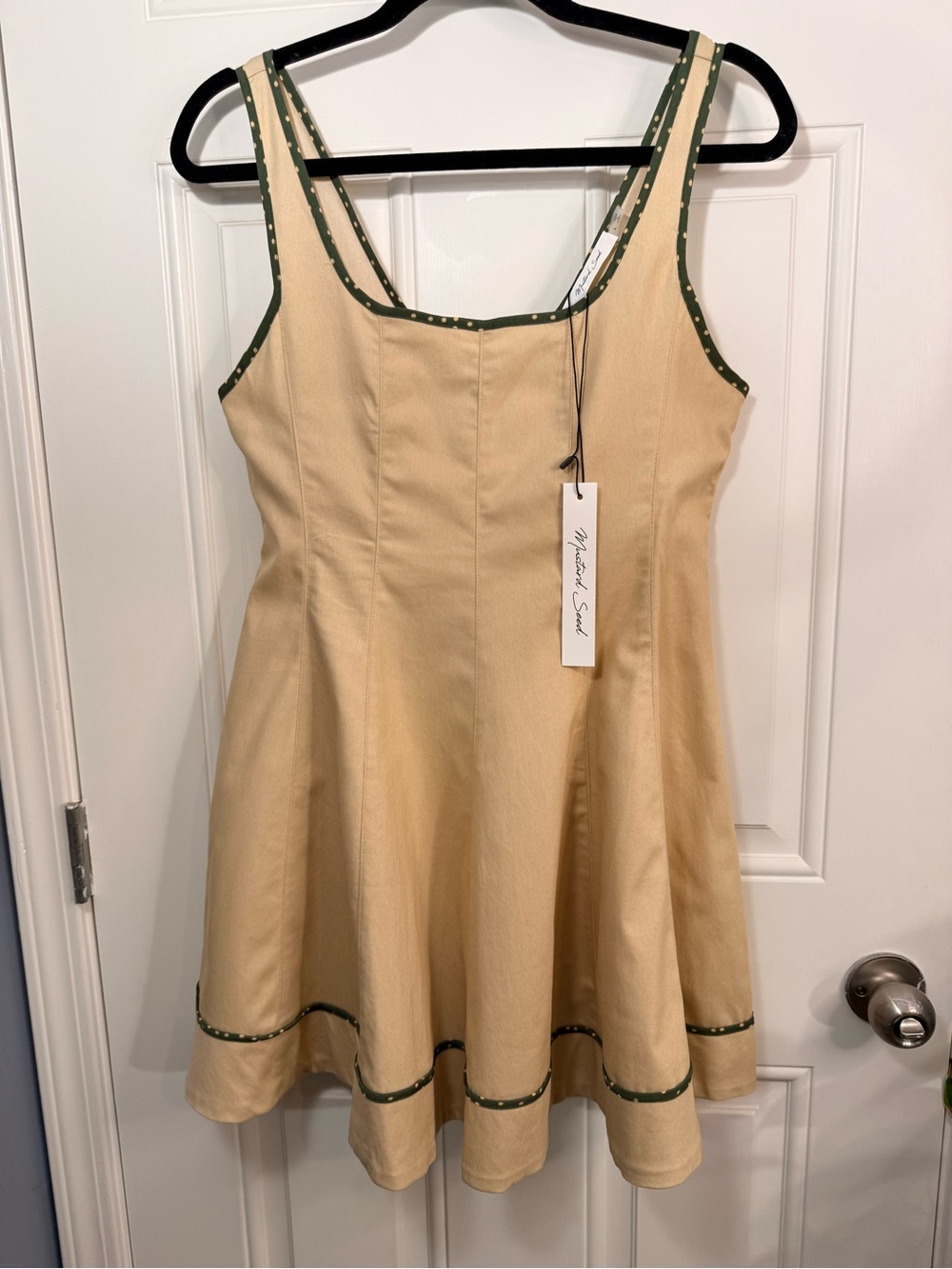 Mustard Seed Beige Dress with Green Polka-Dot Trim size L NWT